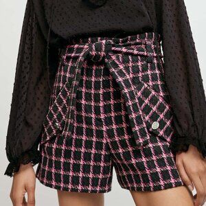 Maje Fuchsia Tweed Checked Belted High-Rise Shorts NWT